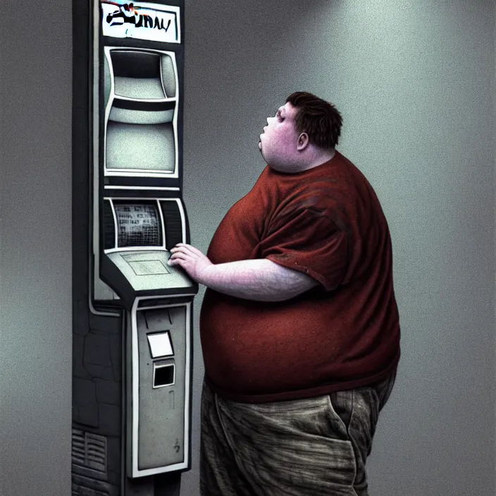 Prompt: hyperrealistic mixed media portrait of a mordidly obese man using an ATM machine, despair, depressing and hopeless vibe, stunning 3d render inspired art by P. Craig Russell and Barry Windsor-Smith + perfect facial symmetry + dim volumetric lighting, 8k octane beautifully detailed render, post-processing, extremely hyperdetailed, epic composition, grim yet sparkling atmosphere, cinematic lighting + masterpiece, trending on artstation