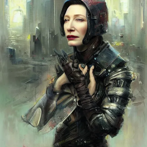 Prompt: a beatiful painting of portrait, Cate Blanchett, cyberpunk, by Mizuri AU and Soufiane Idrassi and BONDARTS and Tomasz Alen Kopera and Klaus Wittmann and Deathburger and Daniel Romanovsky and Aku, trending on artststion