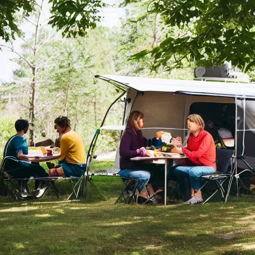 Prompt: 4 campers having breakfast between a lavvoo and a suburban, 4k