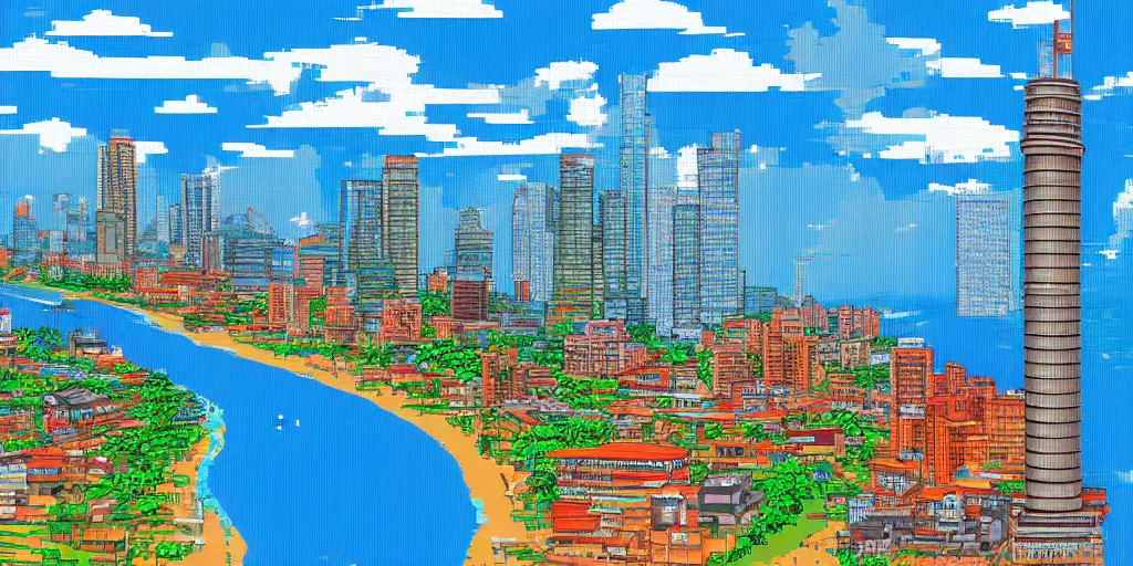 Image similar to colombo sri lanka cityscape, ocean, pixel art