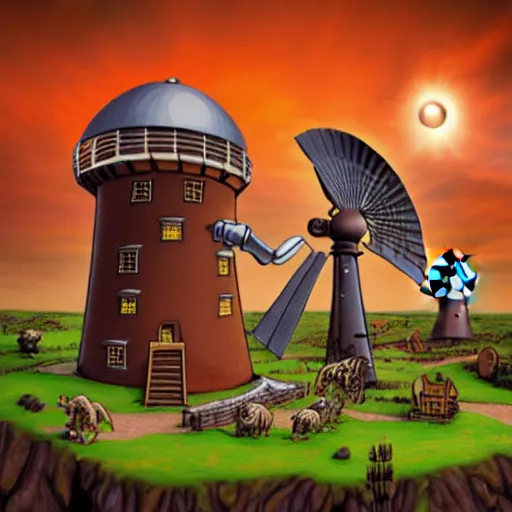 Prompt: discworld theme, linux, windmill, broken pipe, 3 d art, digital illustration, perfect lighting