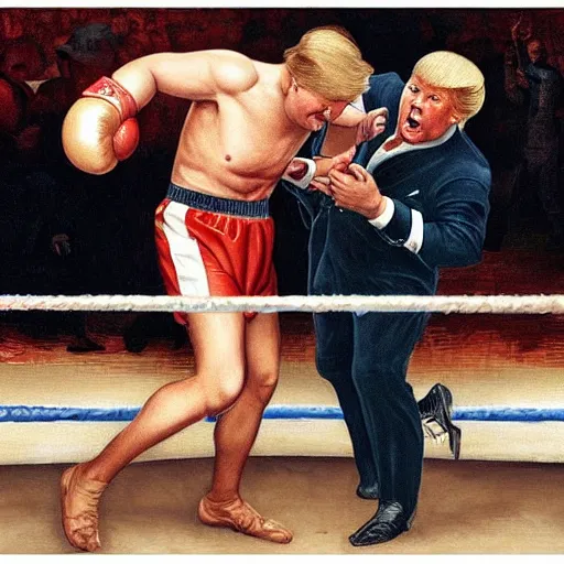 Image similar to a renaissance painting of donald trump and joe biden fighting in a boxing ring