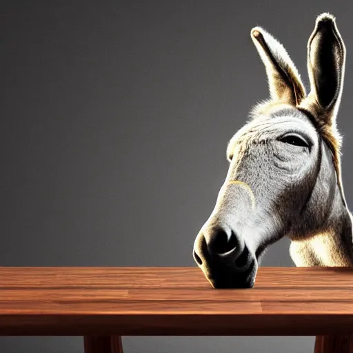 Image similar to a donkey on a table, 4 k, very realistic, photorealistic, very detailed, volumetric lighting