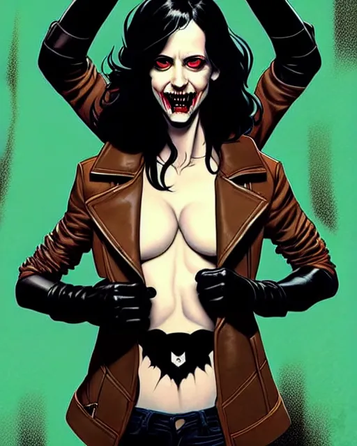 Image similar to Rafael Albuquerque comic cover art, artgerm, Joshua Middleton, pretty Eva Green vampire, sharp vampire teeth, sarcastic smile, symmetrical eyes, symmetrical face, brown leather jacket, jeans, long black hair, full body, building on fire, cool colors