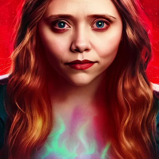 Image similar to Elisabeth Olsen as Scarlet Witch with a glowing aura around her, head and shoulders portrait, extremely detailed masterpiece, one single continues line.