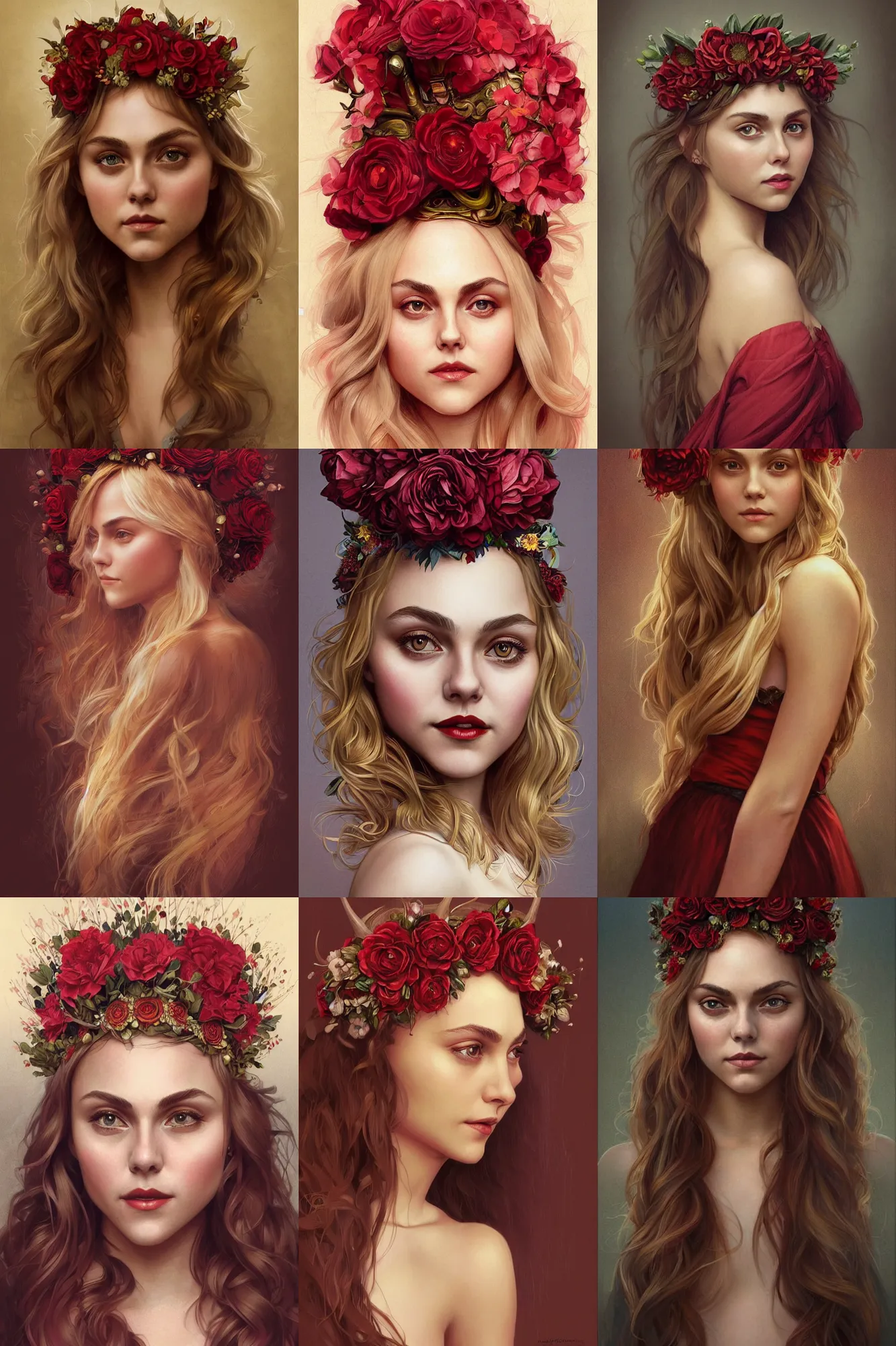 Prompt: portrait of Annasophia Robb wearing a floral crown, olive skin, long blond hair, beautiful bone structure, dark red background, intricate, elegant, highly detailed, digital painting, artstation, concept art, smooth, sharp focus, illustration, art by artgerm and greg rutkowski and alphonse mucha