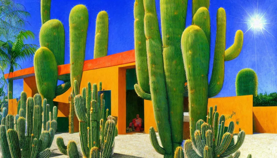 Prompt: 1 9 9 8 brazilian nordeste house designed by arthur bispo do rosario, jules bastien - lepage, tarsila do amaral, frank weston and gustave baumann, trending on artstation, mediterranean, cactus, sharp focus, colorful refracted sparkles and lines, soft light, 8 k 4 k