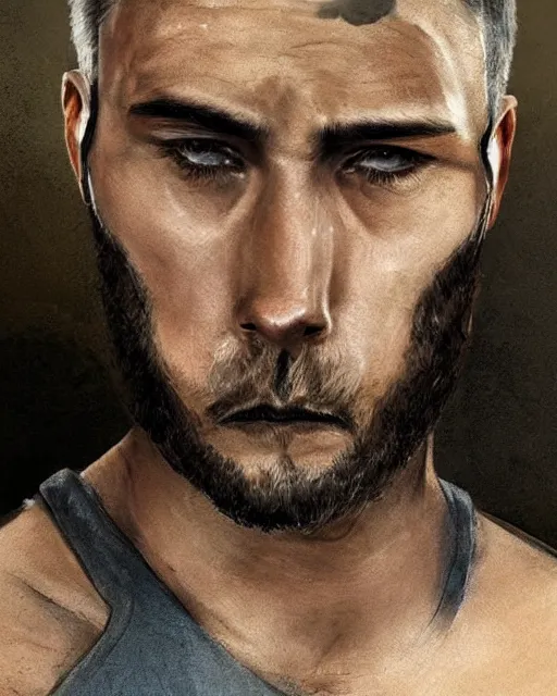 Image similar to portrait of muscular, tired and alcoholic 3 0 - year - old grieving man with short darkblonde hair, serious sad look in his eyes, looking down, dirty beard, blue eyes, crying tears, wearing dirty soldier uniform, on the desert, sad atmosphere, hyper realistic face, character art, art by artgerm, cryengine, trending on artstation, digital art