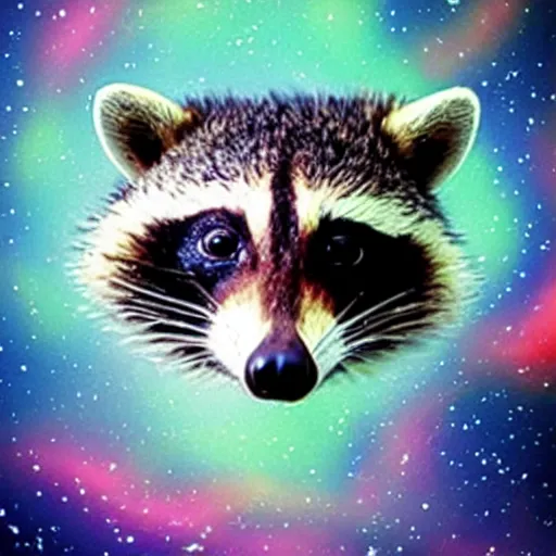 Prompt: confused raccoon floating through the cosmos, poorly photoshopped,