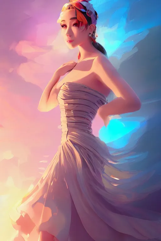 Image similar to a beautiful fashion goddness of love, chic strapless dress, tropical sea background, character design, in the style of artgerm, and wlop, cinematic lighting, hyperdetailed, 8 k realistic, symmetrical, global illumination, radiant light, frostbite 3 engine, cryengine, dof, trending on artstation, digital art