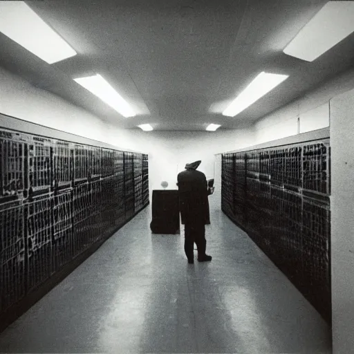 Image similar to grainy underexposed photo of Marcel Duchamp in a huge minimal machine room full of ancient computers, tri-x, Rinko Kawauchi, archival pigment print, occult dream, contemporary art