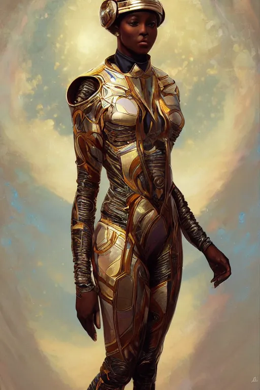 Image similar to full body Portrait of very beautiful african woman, spacesuit, holding her helmet, real life skin, intricate, elegant, highly detailed, artstation, concept art, smooth, sharp focus, art by artgerm and greg rutkowski and alphonse mucha