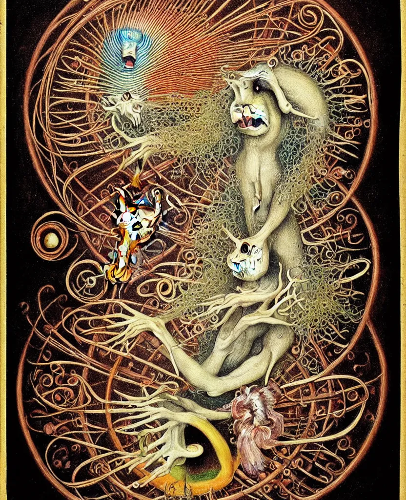 Image similar to whimsical freaky creature sings a unique canto about'as above so below'being ignited by the spirit of haeckel and robert fludd, breakthrough is iminent, glory be to the magic within, painted by ronny khalil