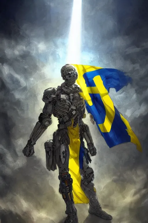 Prompt: a full body shot from distance of a super soldier with a Ukrainian blue and yellow stripes flag standing in the beam of light from the clouds on a pile of skulls and rotten cars as a winner, masculine figure, D&D, fantasy, intricate, elegant, highly detailed, digital painting, artstation, concept art, matte, sharp focus, symmetrical, illustration, hyperrealistic, super realistic art by Artgerm and Greg Rutkowski and Alphonse Mucha