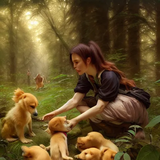 Image similar to photo of a humanoid hiena feeds puppies in the forest, highly detailed, digital painting, artstation, smooth, sharp focus, illustration, art by artgerm and greg rutkowski and alphonse mucha