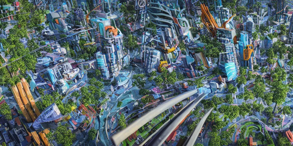 Image similar to Bustling photorealistic!!! utopian city reimagined by Max Hay, fisheye lens!!!, worms-eye view photography, trending on artstation, 4k, 8k, lens distortion, chromatic aberration, soft focus blur, photorealistic imagery, photorealistic details, intricate, highly detailed, artstation 3d, artstation render, artstation 3d render, 3d art, unreal engine 3d, octane 3d, blender 3d, 3d landscape