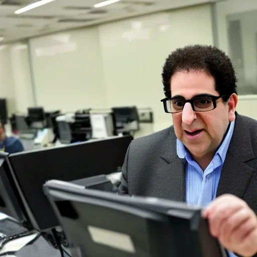 Prompt: a picture of kevin mitnick working in an indian call center, canon, high resolution, perfect face, detailed face