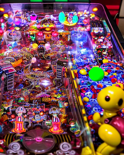 Image similar to crowded city made of arcade machines and buildings made of candy, cute elaborate epic robot, candy colors, pinball machine parts, symmetrical, bubbles everywhere, video game consoles, colored wires, translucent, clear parts, detailed by pokedstudio