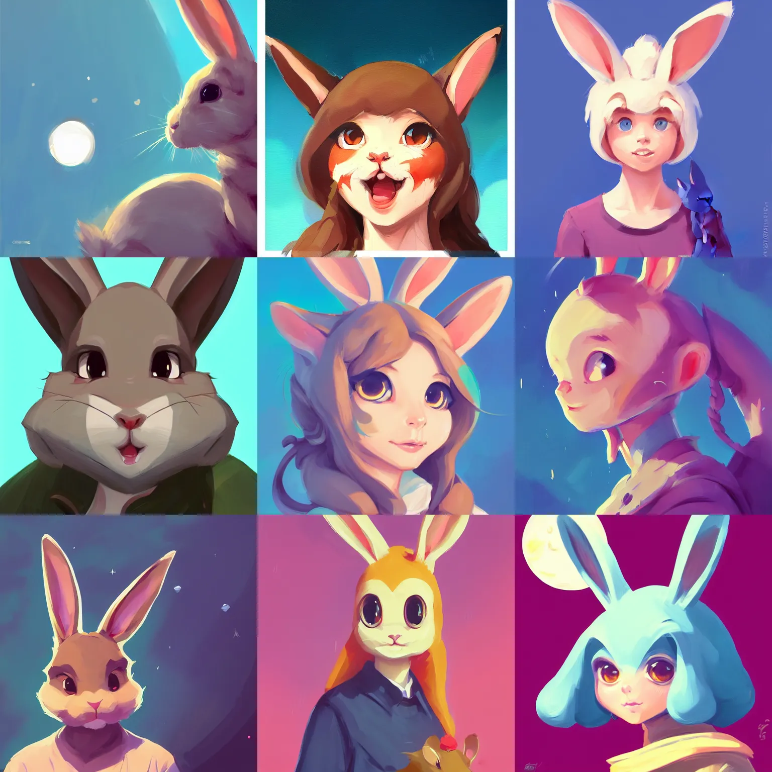 Prompt: cartoony, cute kawaii greg manchess portrait painting of a rabbit bunny animal character, head shot, splashscreen, organic painting, cartoon, anthro anthropomorphic character, humanized, protagonist matte painting, bold shapes, hard edges, app icon, moon in background, trending on artstation, by sachin teng, artgerm, rossdraws