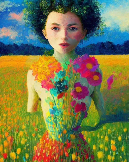 Image similar to girl with giant flower as a face and flower dress, standing in a flower field hills, big trees, sunrise dramatic light, impressionist painting, colorful clouds, digital painting, pointillism, artstation, simon stalenhag