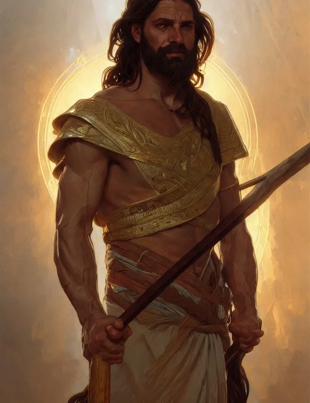 Image similar to portrait of biblical cain holding a spear, intricate, headshot, highly detailed, digital painting, artstation, concept art, sharp focus, cinematic lighting, illustration, art by artgerm and greg rutkowski, alphonse mucha, cgsociety