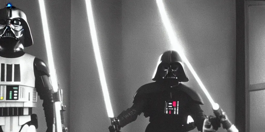 Image similar to a still from a film of a dark figure standing in front of a large window with a live action Star Wars space battle, 35mm, directed by George Lucas, miniatures, ILM