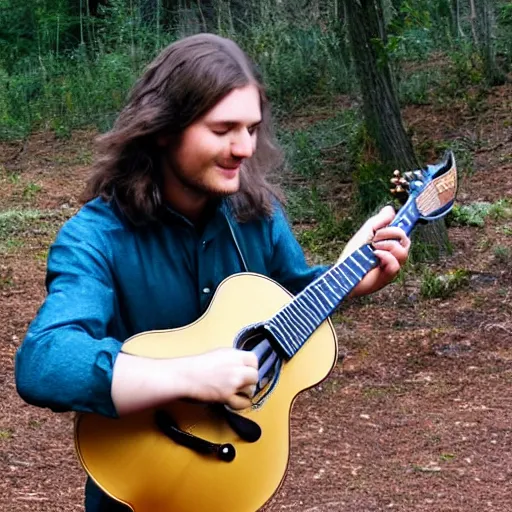 Image similar to a photo of a young man with long hair playing mandolin in the wilderness