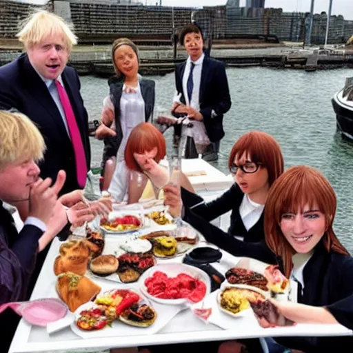 Image similar to boris johnson having a cookout with his personal anime catgirls on a boat