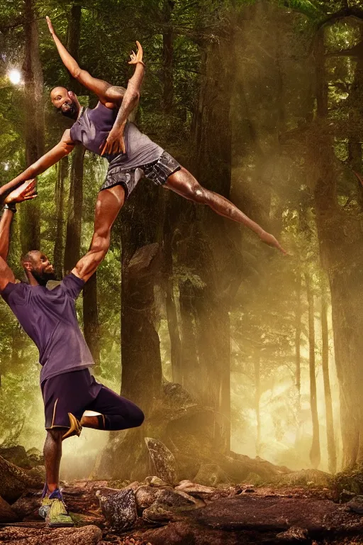 Prompt: lebron james doing yoga in the forest, cybertronian, long shot, cinematography by wes anderson, 4 k octane render, intricate detail, photorealistic, cinematic lighting, artstation