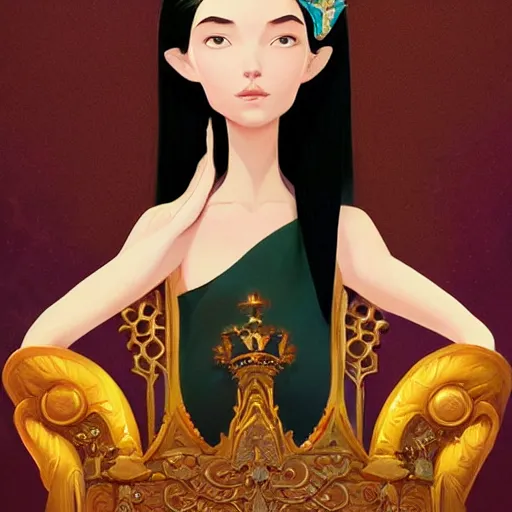 Image similar to stylized minimalist a beautiful black haired woman with pale skin and a crown on her head sitted on an intricate metal throne, loftis, cory behance hd by jesper ejsing, by rhads, makoto shinkai and lois van baarle, ilya kuvshinov, rossdraws global illumination,