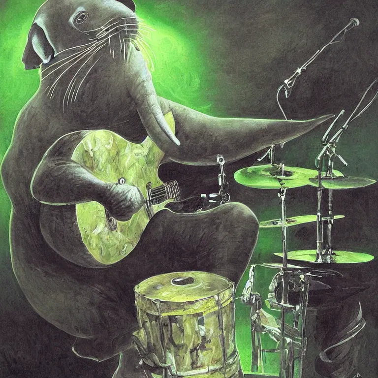 Prompt: a beautiful painting by aleksi briclot of an elephant seal playing drums and telecaster guitar in a concert stage, dark background, green concert light, dark mood