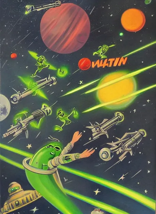 Image similar to 5 0 s sci - fi painting of donald trump fighting evil green martians with a ray - gun, rockets and planets on the background