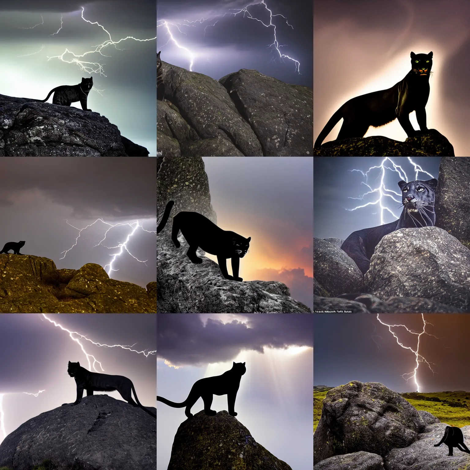 Prompt: a panther on a granite rock outcrop in dartmoor national park, silhouetted by a lightning bolt, dramatic lighting, god rays