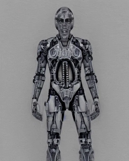 Image similar to pencil drawing of a male cyborg, monochrome, technical drawing, blueprints, detailed