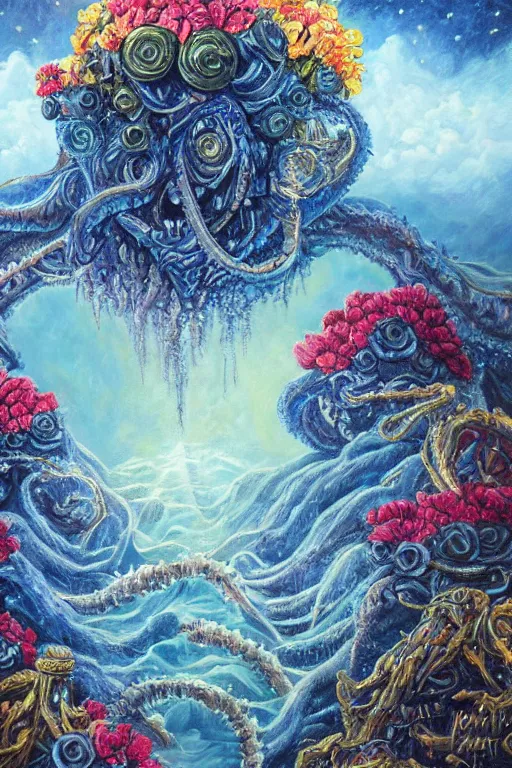 Prompt: oil painting, close-up, hight detailed, giant lovecraftian monster with flowers everywhere beneath night stars mixed with blue sky, in style of 80s sci-fi art, neodada