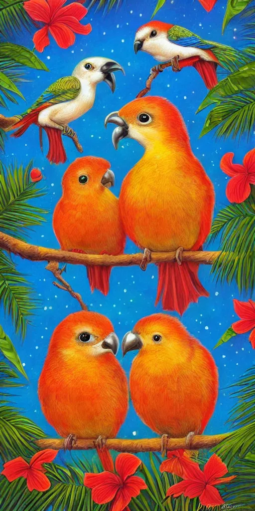 Image similar to greeting card, love, 2 beautiful tropical birds, by greg simkins, warm colors, cozy