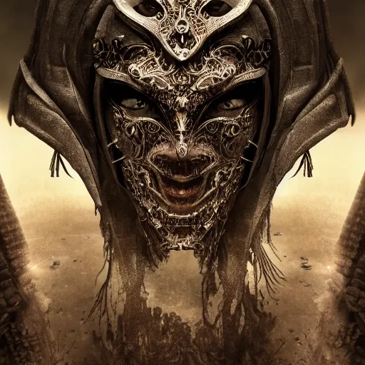 Image similar to Very very very very highly detailed epic zoom out photo of demonic face with venetian mask, intricate, dystopian, sci-fi, extremely detailed, digital painting, artstation, concept art, smooth, sharp focus, illustration, intimidating lighting, incredible art by Anna Dittmann, Anton Pieck, Octane render in Maya and Houdini VFX