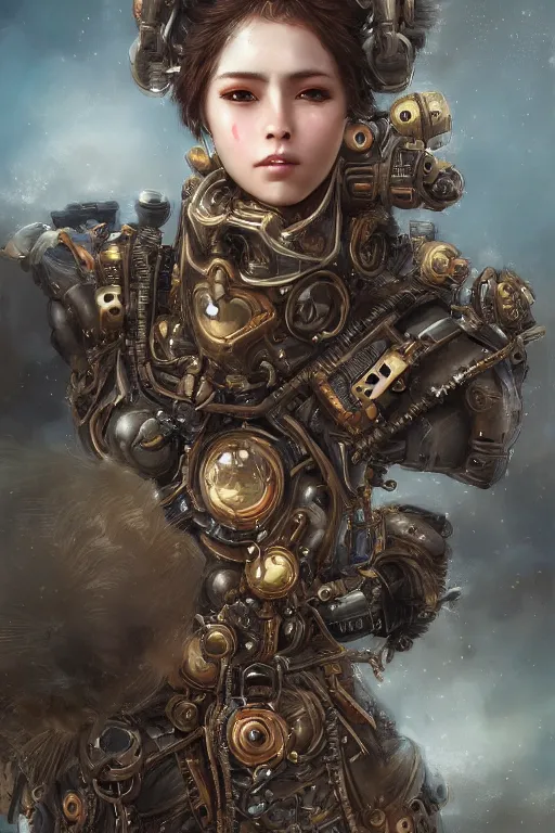 Image similar to ultra realist and ultra intricate detailed soft painting of a beautiful mechwarrior kawai in steampunk armor, thin lustrous hair, symmetry features, sensual gloomy style, soft painting, volumetric clouds, fantasy background, artstation, Tom Bagshaw artstyle, unreal render, depth of field