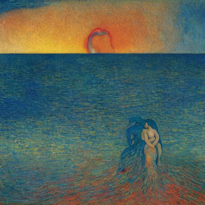 Image similar to close view of woman and man kissing at the edge of the ocean with tsunami great wave sun setting through the storm clouds. lapis - lazuli. iridescent, vivid psychedelic colors. painting by jean delville, ciurlionis mikalojus konstantinas, schiele, henri de toulouse - lautrec, utamaro, monet