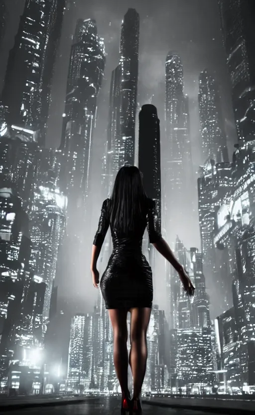 Image similar to an elegant Black woman in dress and heels, her back is to us, looking at a futuristic Blade Runner city