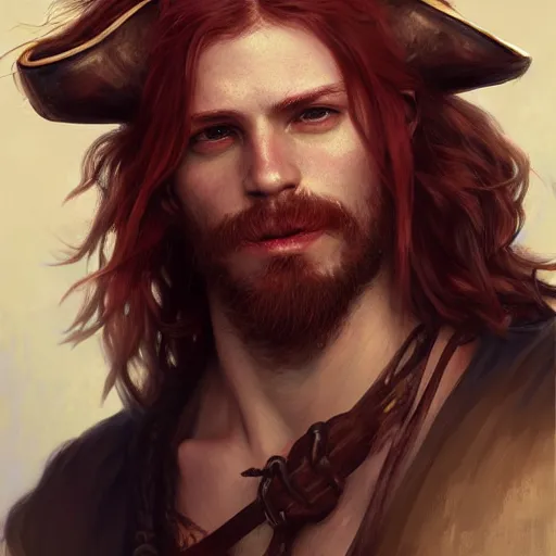 Image similar to portrait of a young rugged pirate, male, masculine, upper body, red hair, long hair, soft hair, D&D, fantasy, intricate, elegant, highly detailed, digital painting, artstation, concept art, matte, sharp focus, illustration, art by Artgerm and Greg Rutkowski and Alphonse Mucha