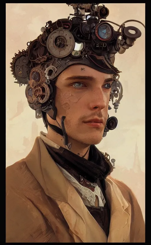 Prompt: Portrait of a steampunk young man, science fiction, highly detailed, digital painting, artstation, concept art, illustration, art by Greg Rutkowski and alphonse mucha