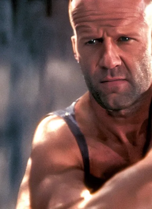 Image similar to film still of Jason Statham as John McClane in Die Hard, 4k