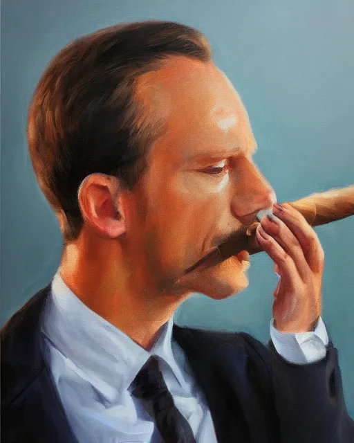 Image similar to Hyper realistic oil portrait of a man in his thirties smoking a cigar, dressed in a blue suit, by Mosh Art, trending on artstation