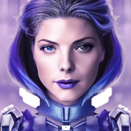 Image similar to A combination of Grace Kelly's and Katheryn Winnick's and Ashley Greene's faces with blue skin and short violet hair as Cortana from Halo, cyberpunk style, synthwave aesthetic, fantasy, intricate, elegant, highly detailed, digital painting, artstation, concept art, matte, sharp focus, illustration, half body portrait, anime style, art by Artgerm and Greg Rutkowski and Alphonse Mucha