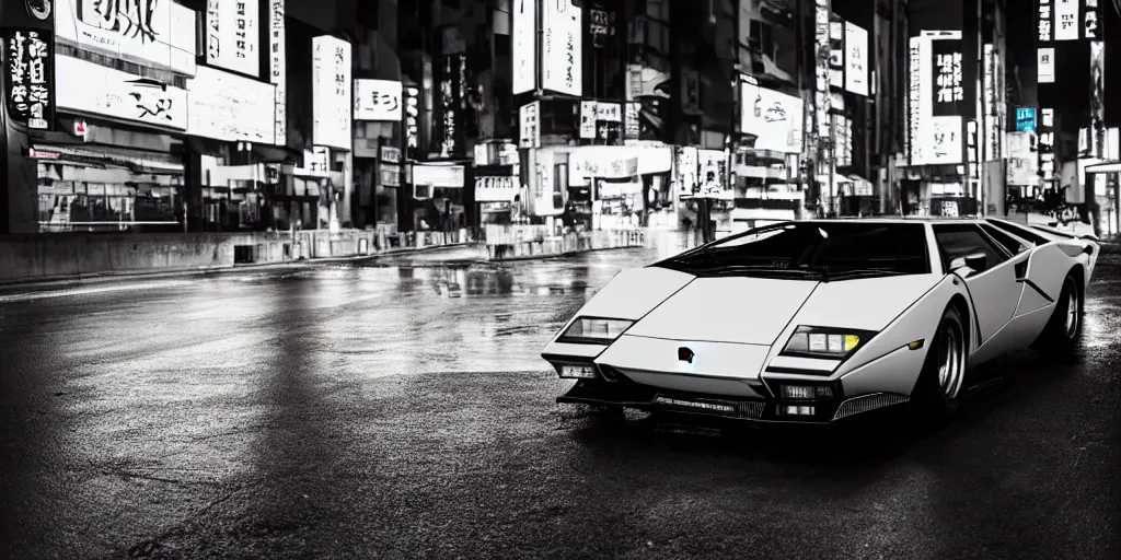 Image similar to photograph of a lamborghini countach parked in a rainy wide tokyo street at night with neon light signs illuminating the scene, sharp focus, highly detailed, ray tracing, cinematic, moody, hdr, 4 k, incredible detail