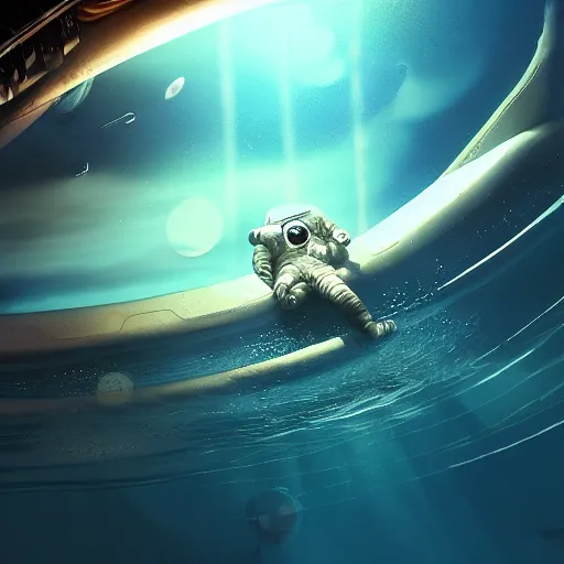 Prompt: an astronaut floating in the middle of deep water being hit by sun rays, trending on art station, atmosphere, concept art, photorealistic, high detailed