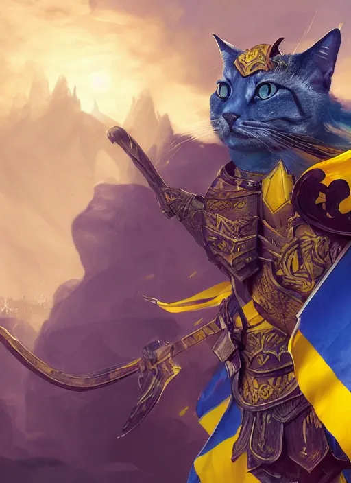 Prompt: An epic fantasy painting of a cat knight with Ukrainian blue and yellow flag, unreal engine, DAZ, hyperrealistic, octane render, cosplay, RPG portrait, dynamic lighting, trending on ArtStation