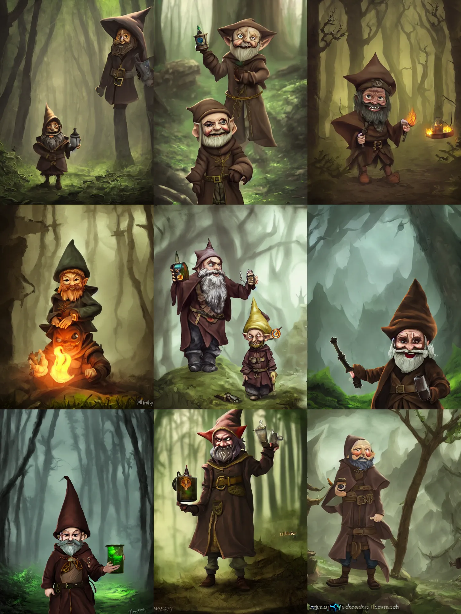 Prompt: tiny evil alchemist gnome, brown tuffle coat, evil smile, flasks in hands, dnd, deforested forest background, grimdark, matte painting, by midjourney