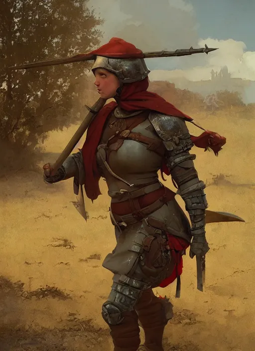 Image similar to hyper realistic photo of medieval chubby beautiful soldier girl, full body, rule of thirds, conceptart, saturated colors, cinematic, greg rutkowski, brom, james gurney, mignola, craig mullins,